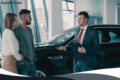 A car salesman holding a clipboard and pen talking to a young couple inside a car dealership next to a dark sedan, with text in the upper left reading "Car Finance Eligibility Checker."