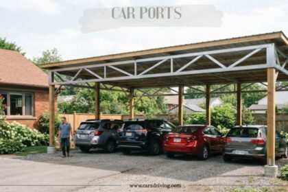 Large wooden and metal car ports structure protecting four vehicles in a residential driveway.