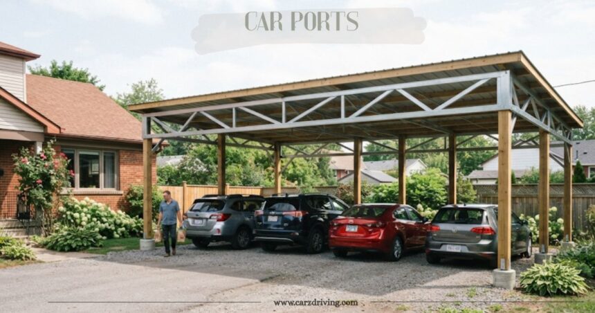 Large wooden and metal car ports structure protecting four vehicles in a residential driveway.
