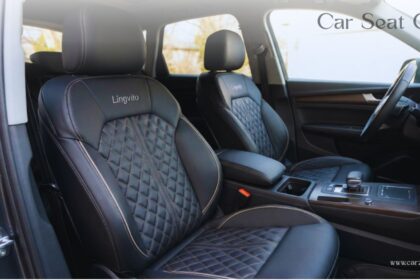 Premium black Lingvito car seat cover featuring a diamond-quilted stitch pattern installed on the front seats of a vehicle.