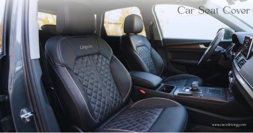 Premium black Lingvito car seat cover featuring a diamond-quilted stitch pattern installed on the front seats of a vehicle.