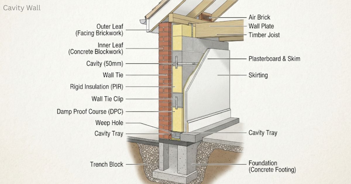 Cross-section diagram of a cavity wall showcasing structural layers including facing brickwork, concrete blockwork, rigid insulation, and wall ties.