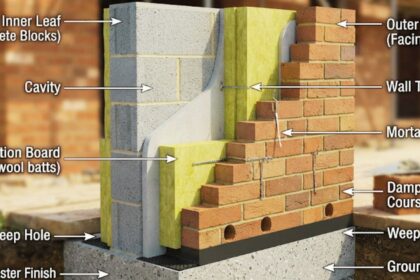 Cross-section diagram of a cavity wall showing its components including the inner concrete block leaf, outer facing brick leaf, insulation board, and wall ties.
