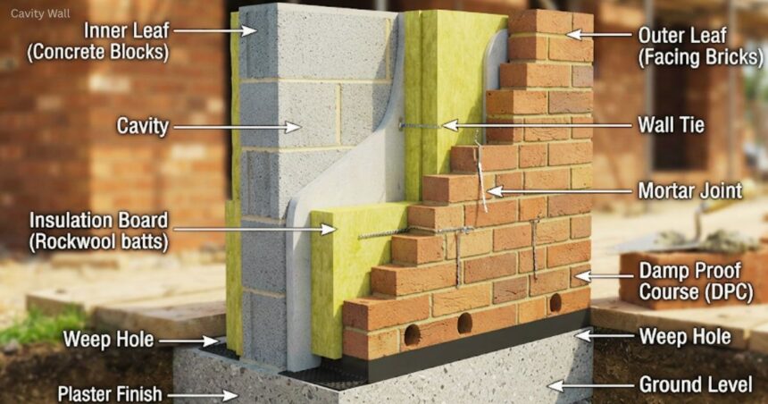 Cross-section diagram of a cavity wall showing its components including the inner concrete block leaf, outer facing brick leaf, insulation board, and wall ties.