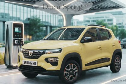 Yellow Dacia Spring electric car parked at a charging station under a solar canopy.