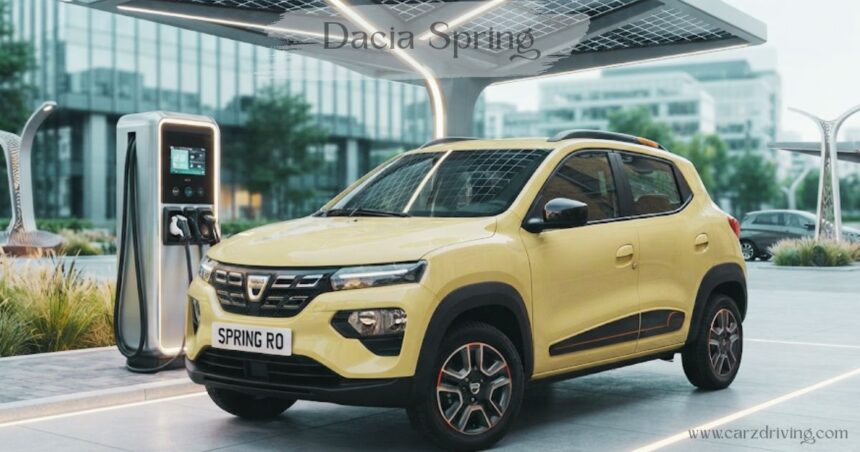 Yellow Dacia Spring electric car parked at a charging station under a solar canopy.