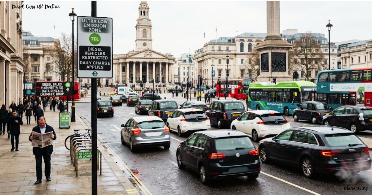 Busy London street scene illustrating the diesel cars UK decline, featuring an Ultra Low Emission Zone (ULEZ) sign and modern traffic.