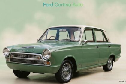 Front view of a restored vintage ford cortina auto in classic green