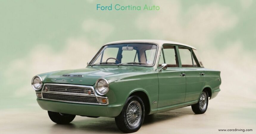 Front view of a restored vintage ford cortina auto in classic green