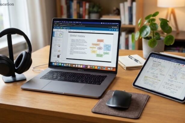 gadgets education setup for digital learning featuring a laptop displaying a presentation, a tablet with digital study notes, headphones, and a wireless mouse on a wooden desk