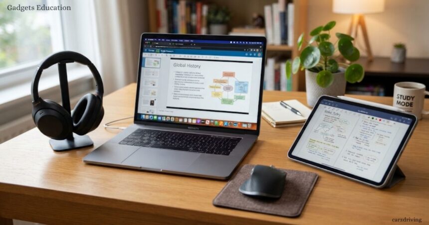 gadgets education setup for digital learning featuring a laptop displaying a presentation, a tablet with digital study notes, headphones, and a wireless mouse on a wooden desk