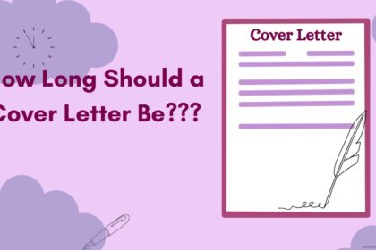 Illustration of a cover letter with a quill, ruler, and clock on a purple background with the text "How Long Should a Cover Letter Be???"