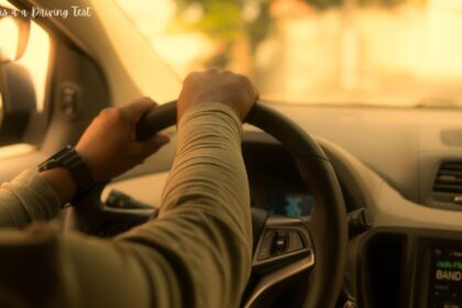 Driver holding the steering wheel of a car from a first-person perspective, illustrating a guide on how long is a driving test takes.