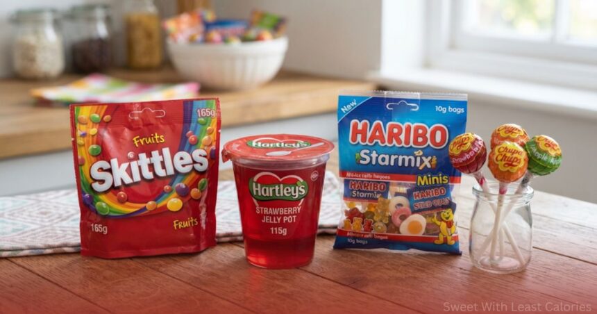 An assortment of packaged sweets with least calories displayed on a wooden surface, including a red bag of Skittles Fruits, a Hartley's strawberry jelly pot, a blue bag of Haribo Starmix Minis, and three Chupa Chups lollipops in a glass jar.