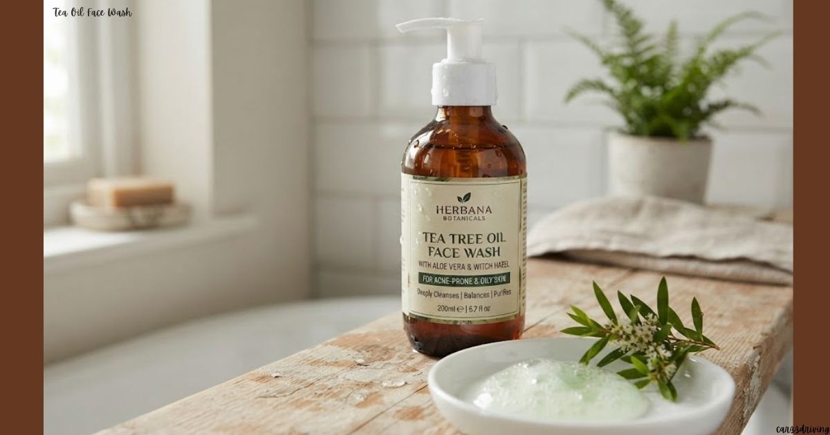 Amber pump bottle of Herbana Botanicals Tea Oil Face Wash with liquid soap in a small white dish on a wooden ledge.