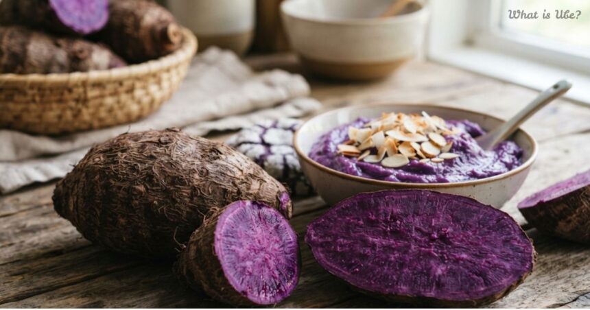 Fresh whole and sliced purple ube yams next to a bowl of ube dessert to explain what is ube
