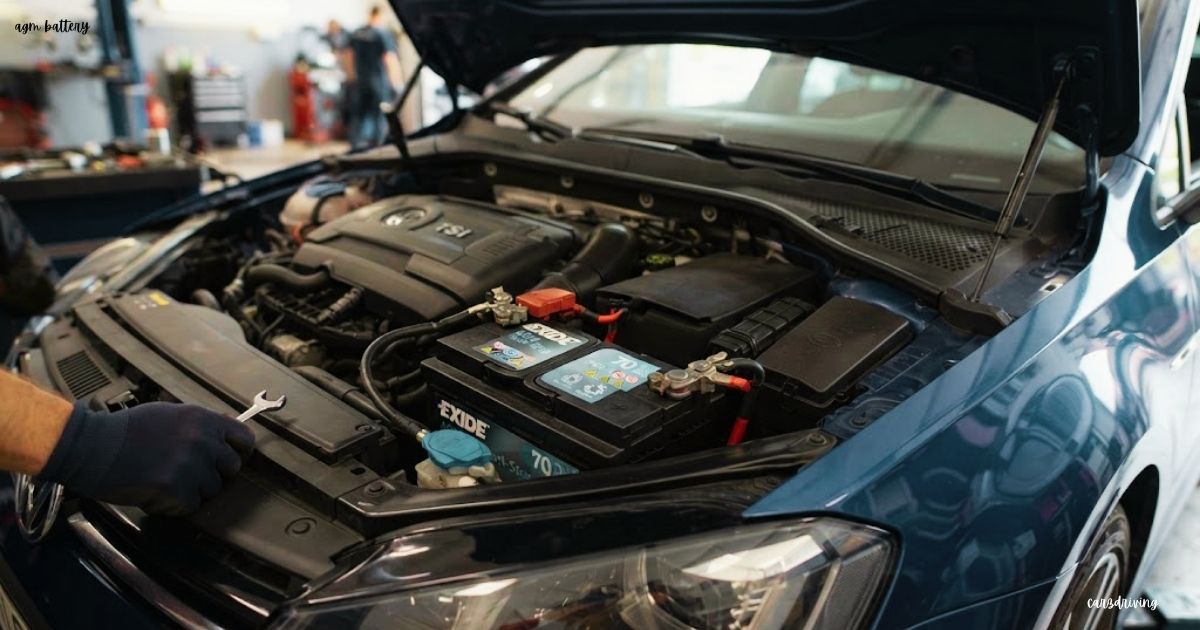 An Exide AGM battery installed under the open hood of a blue Volkswagen TSI engine compartment, with a mechanic holding a wrench nearby.