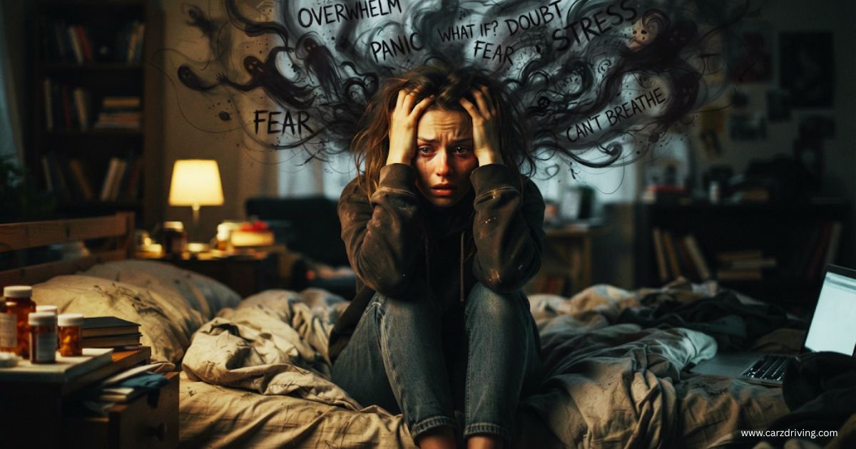 A woman holding her head in distress on a bed, surrounded by dark, swirling clouds containing words associated with anzieti
