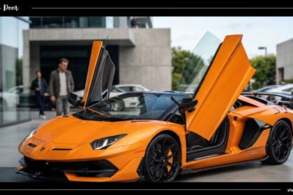Orange Lamborghini sports car featuring open scissor automobile door mechanism.