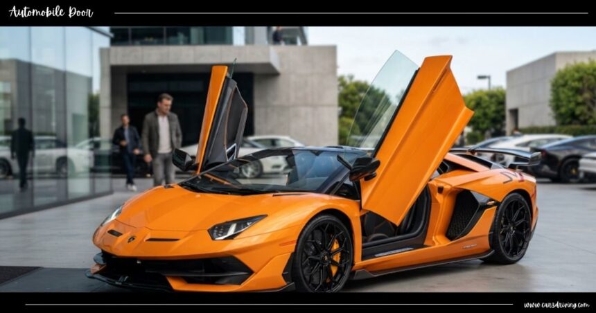 Orange Lamborghini sports car featuring open scissor automobile door mechanism.
