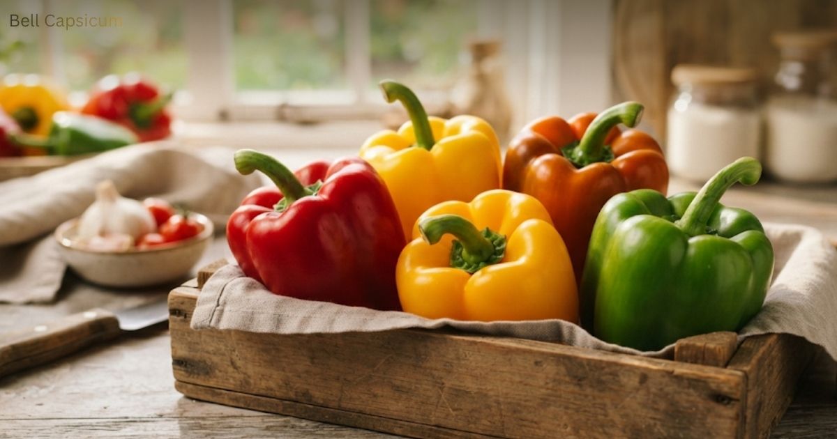 Fresh colorful bell capsicums arranged in a wooden crate on a kitchen counter.