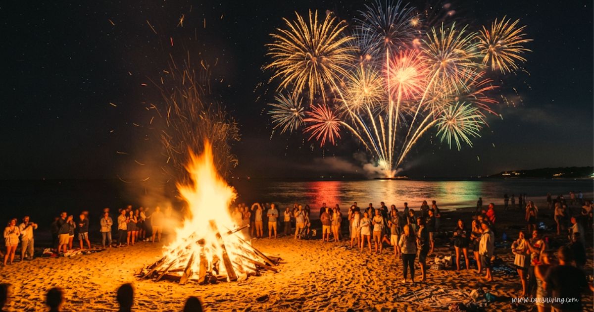 A vibrant bonfires before 7pm uk burning on a sandy beach at night as colorful fireworks explode over the dark ocean water while a crowd watches.