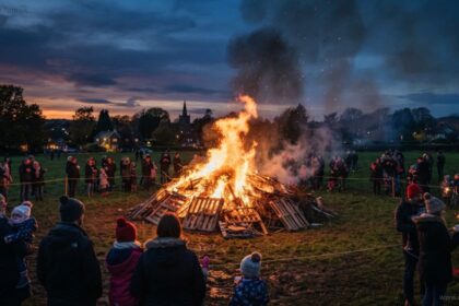 A large bonfires before 7pm uk burning outdoors at dusk surrounded by a crowd of people.