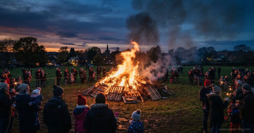 A large bonfires before 7pm uk burning outdoors at dusk surrounded by a crowd of people.