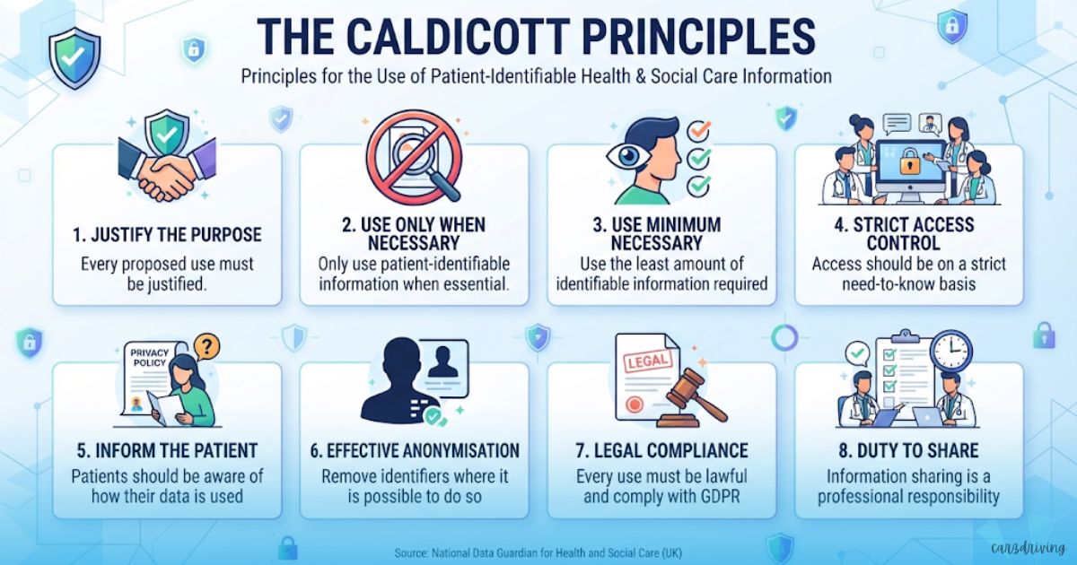 An infographic titled "THE CALDICOTT PRINCIPLES: Principles for the Use of Patient-Identifiable Health & Social Care Information," displaying eight cards with illustrations and summary descriptions for data protection and ethical sharing.