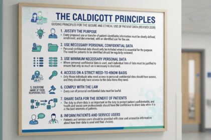 An informational framed poster on a wall in an NHS facility listing "The Caldicott Principles: Guiding principles for the secure and ethical use of patient data (Revised 2020)," numbered 1 through 8 with icons and descriptions.