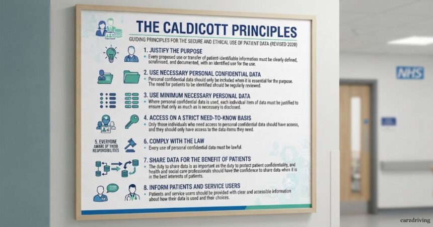 An informational framed poster on a wall in an NHS facility listing "The Caldicott Principles: Guiding principles for the secure and ethical use of patient data (Revised 2020)," numbered 1 through 8 with icons and descriptions.