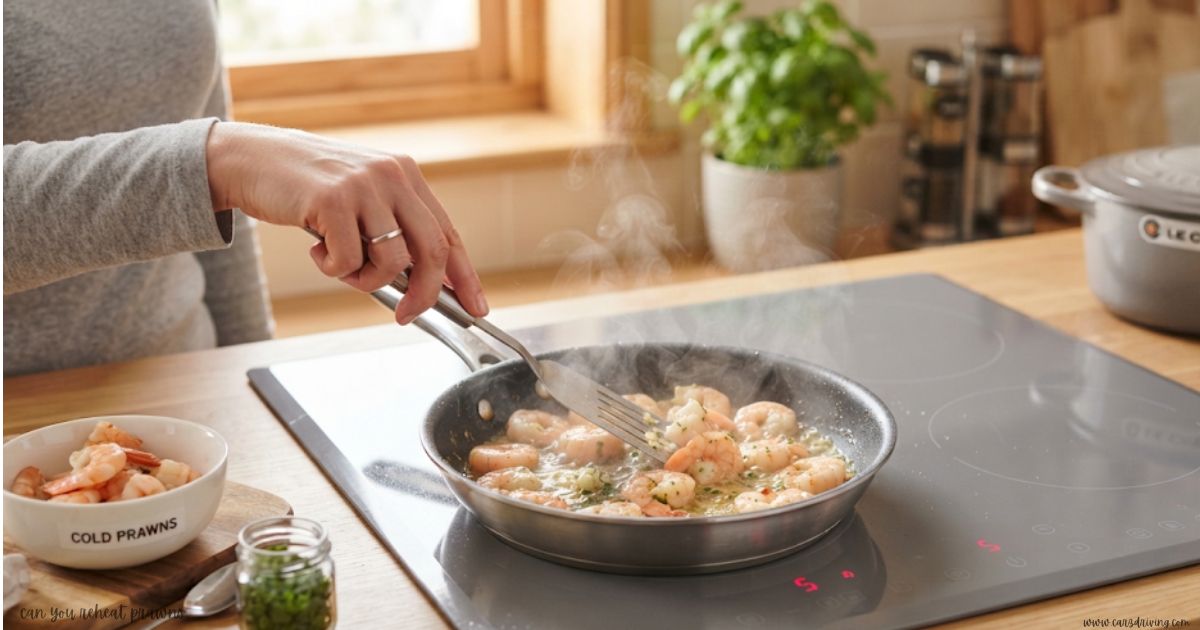 Reheating seasoned prawns in a skillet on a cooktop, illustrating safe methods for can you reheat prawns at home.