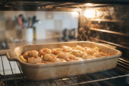 Cooked prawns with garlic and herbs being reheated in a warm oven, demonstrating can you reheat prawns safely for meals.