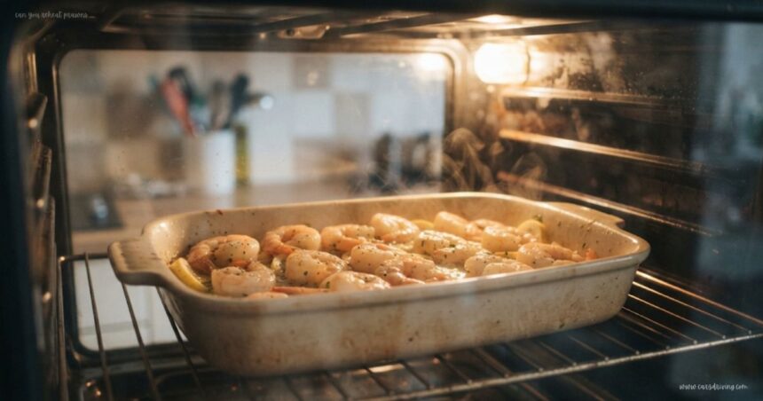 Cooked prawns with garlic and herbs being reheated in a warm oven, demonstrating can you reheat prawns safely for meals.