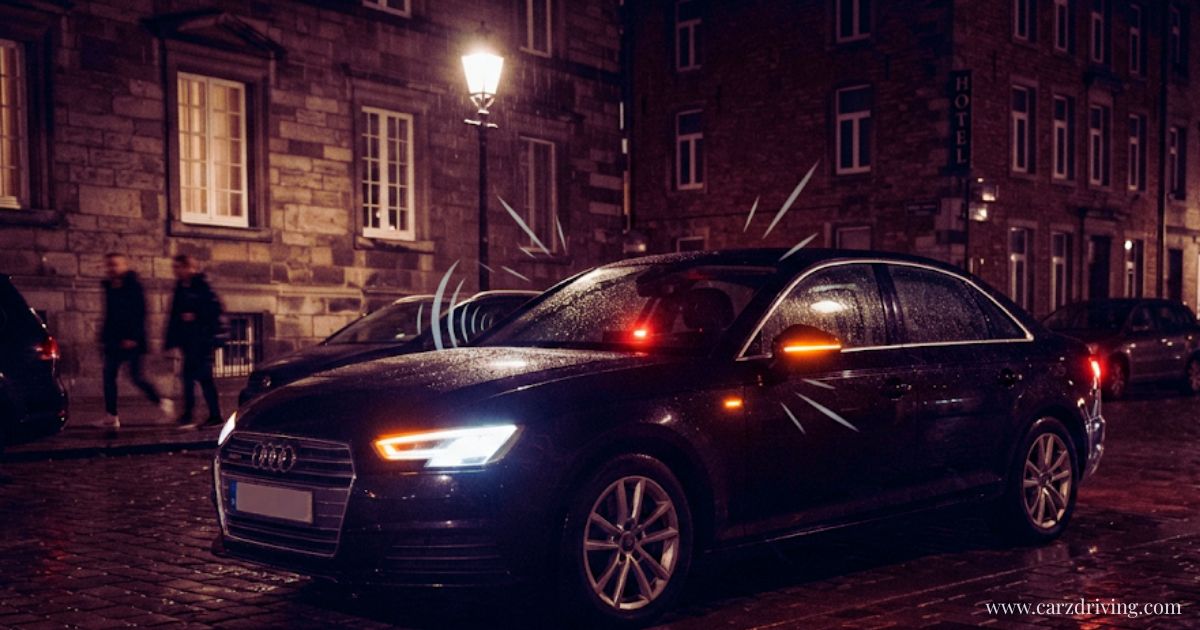 A black sedan parked on a city street at night with its car alarm going off, headlights flashing, and sound wave graphics