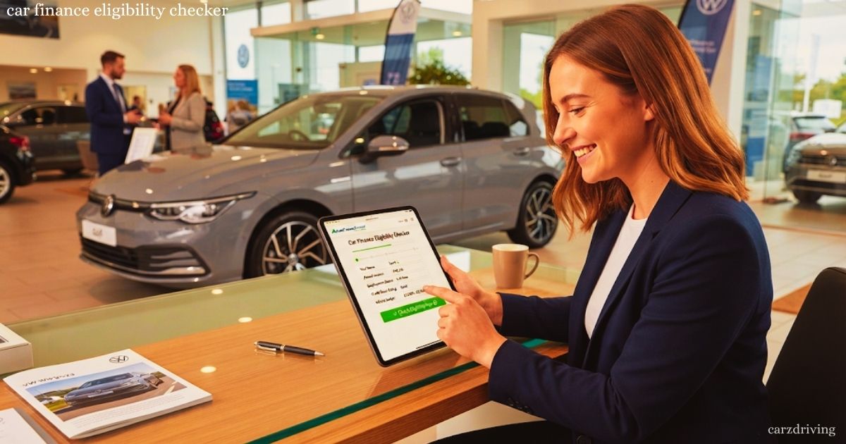 A smiling woman in a dark blue blazer using a digital tablet displaying a car finance eligibility form inside a Volkswagen showroom, next to a grey hatchback.