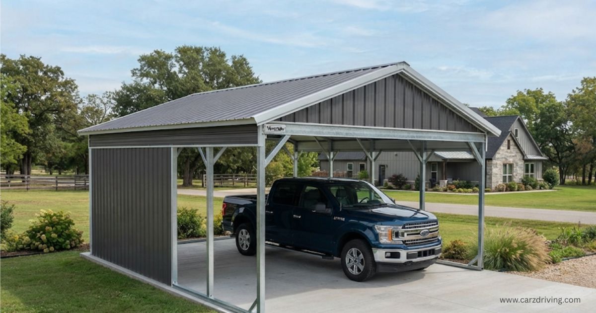 Modern grey metal car ports with gabled roof and partial side wall protecting a dark blue pickup truck on a concrete driveway.