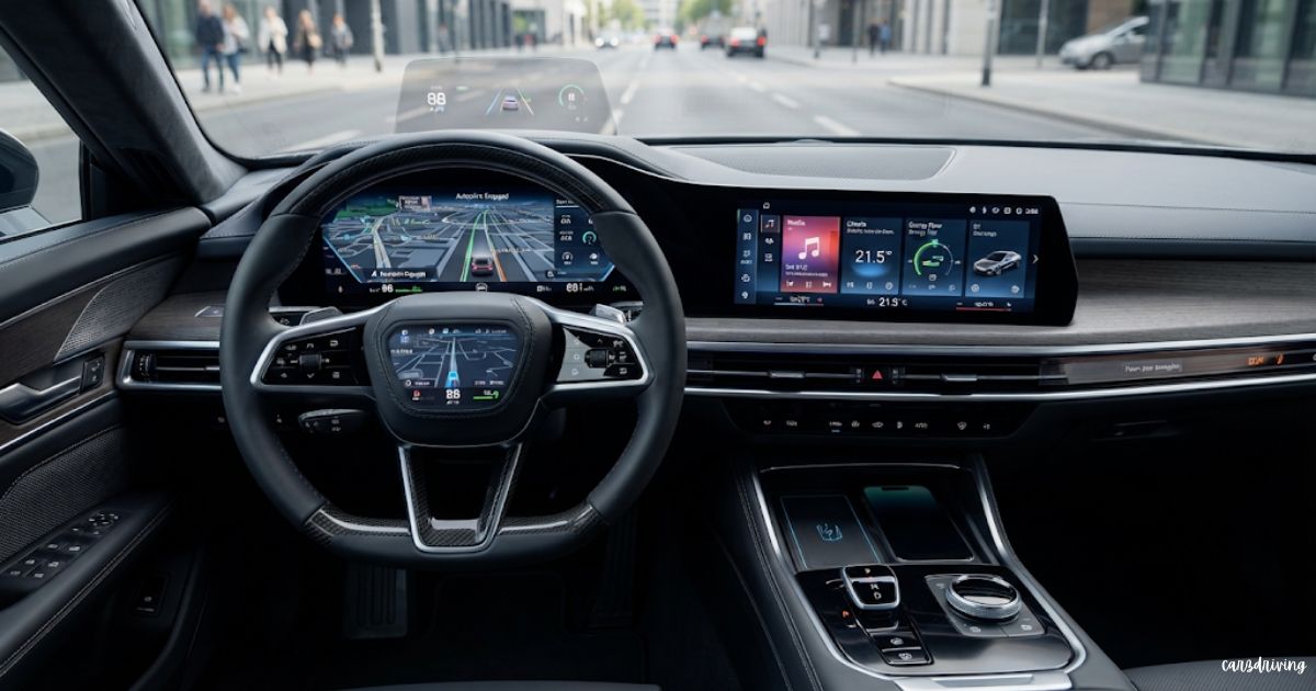 Displaying car technology impact on driving,Driver smiling behind the steering wheel of a modern car featuring a digital dashboard, heads-up display, and advanced navigation technology while driving on a highway.