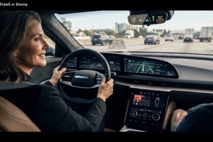 Displaying car technology impact on driving,Driver smiling behind the steering wheel of a modern car featuring a digital dashboard, heads-up display, and advanced navigation technology while driving on a highway.