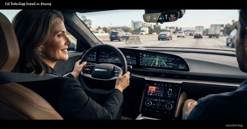 Displaying car technology impact on driving,Driver smiling behind the steering wheel of a modern car featuring a digital dashboard, heads-up display, and advanced navigation technology while driving on a highway.