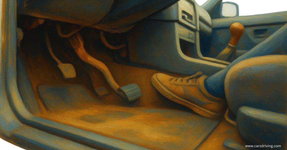 Stylized illustration of a driver's foot pressing down on a car clutch pedal sticking in a manual transmission footwell.