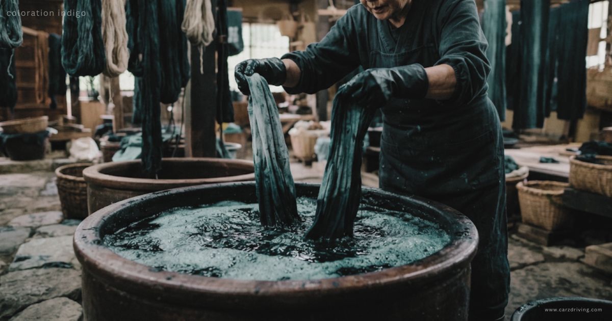 Artisan dipping cloth into a vat during the traditional natural coloration indigo process.