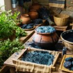 Natural coloration indigo process showing fresh green indigo plants, clay pots with bubbly indigo dye bath, and dried indigo pigment cakes.