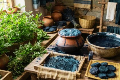 Natural coloration indigo process showing fresh green indigo plants, clay pots with bubbly indigo dye bath, and dried indigo pigment cakes.