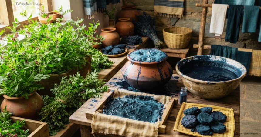 Natural coloration indigo process showing fresh green indigo plants, clay pots with bubbly indigo dye bath, and dried indigo pigment cakes.