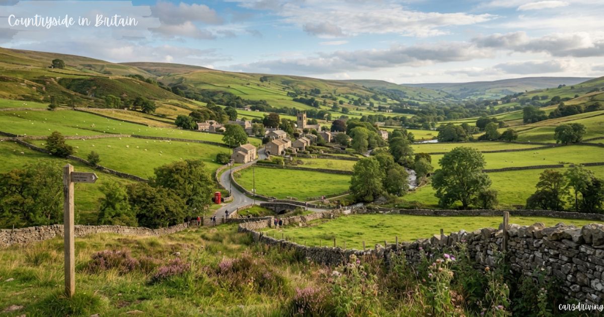 Elevated view of a countryside in britain  in a green valley bounded by stone walls, rolling hills, and a wooden footpath signpost.