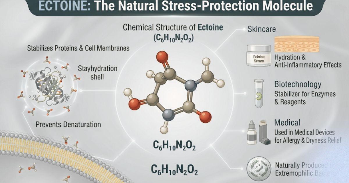 Infographic explaining the chemical structure, protein-stabilizing functions, and skincare, medical, and biotechnology uses of the ectoin molecule.