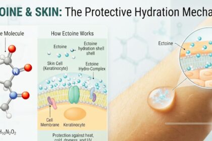 Infographic detailing the ectoin molecular structure and its protective hydration mechanism on human skin cells and lipid barrier.
