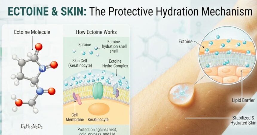 Infographic detailing the ectoin molecular structure and its protective hydration mechanism on human skin cells and lipid barrier.