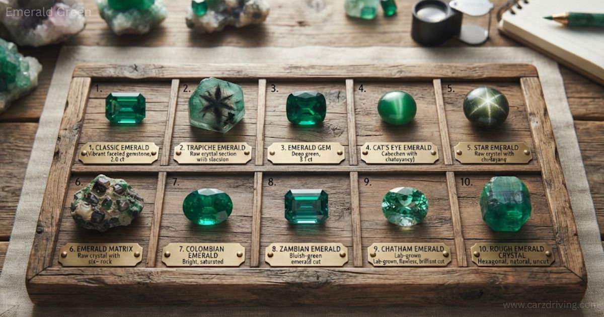 A wooden display tray divided into ten compartments, showcasing various types of emerald gemstones, each labeled with a small brass plaque